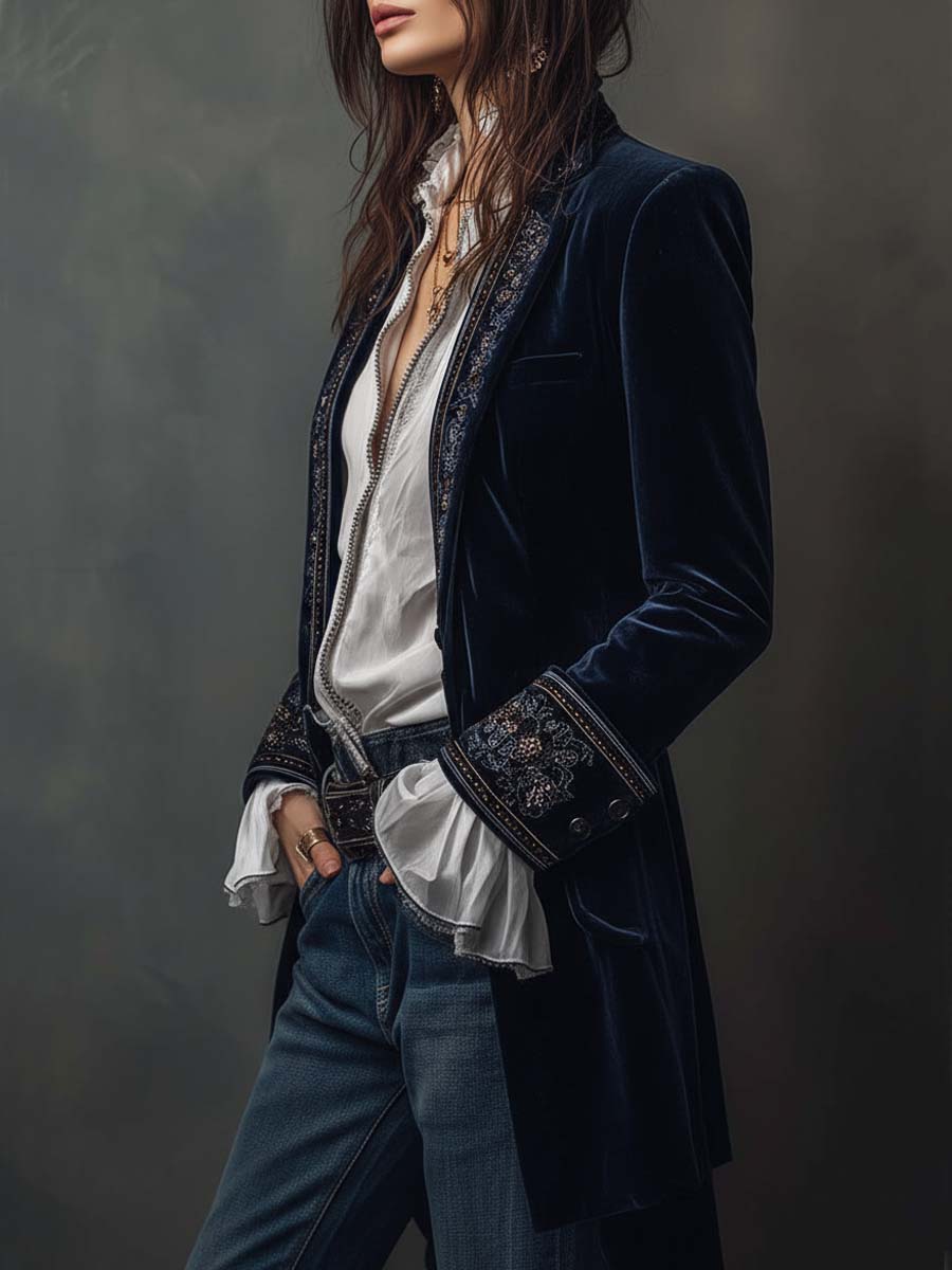 Giacca Lunga Vintage in Velluto di Poliestere Blu Navy Ricamata