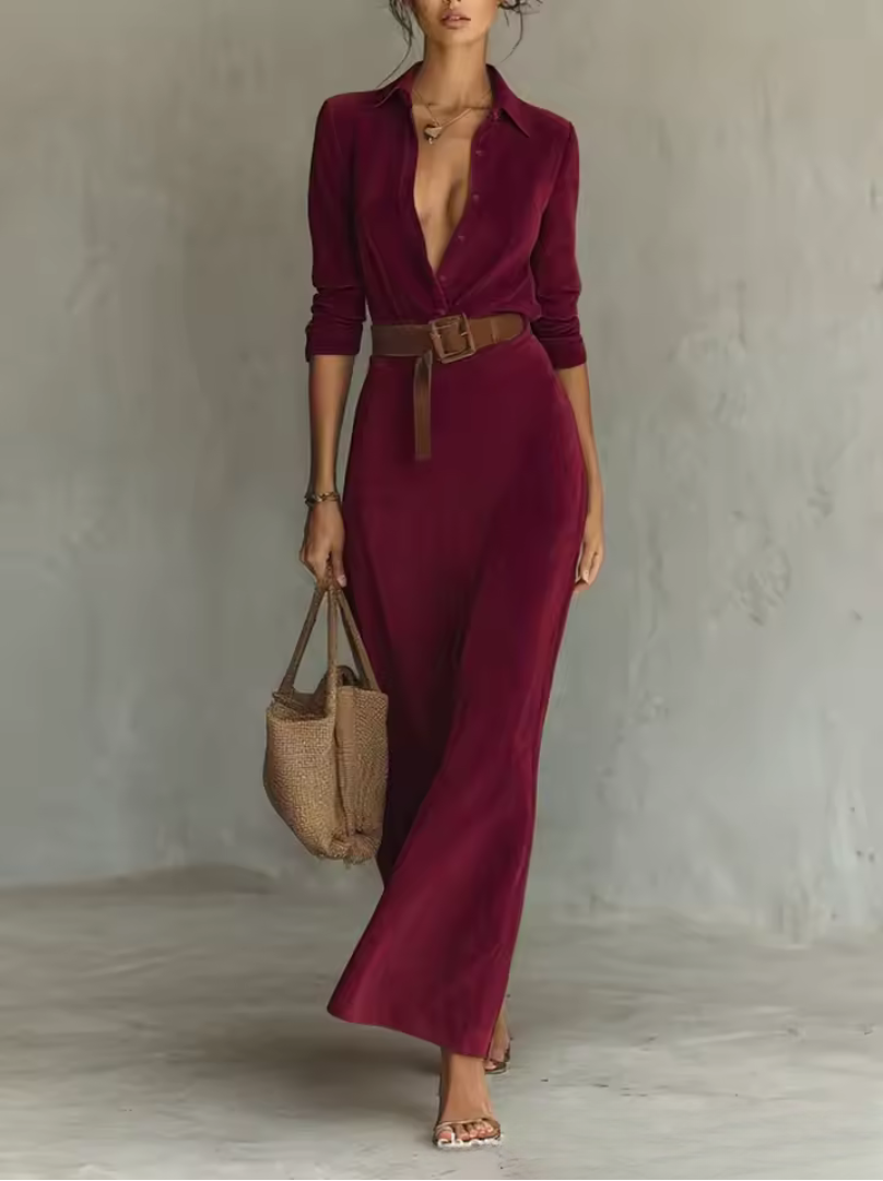 Abito Maxi in Suede con Collo a Revers e Cintura per Donna