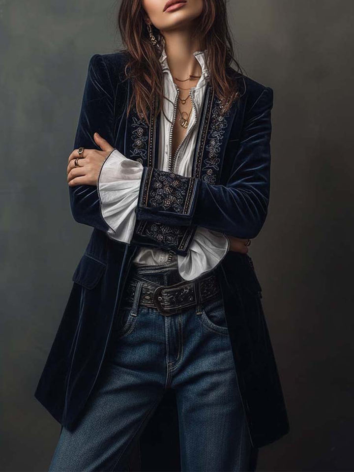 Giacca Lunga Vintage in Velluto di Poliestere Blu Navy Ricamata