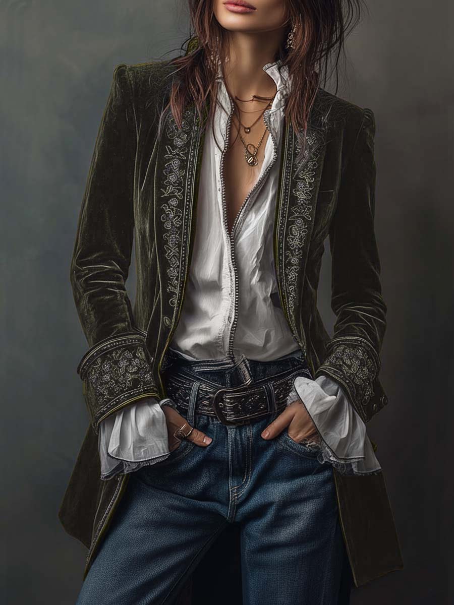 Giacca Lunga Vintage in Velluto di Poliestere Blu Navy Ricamata