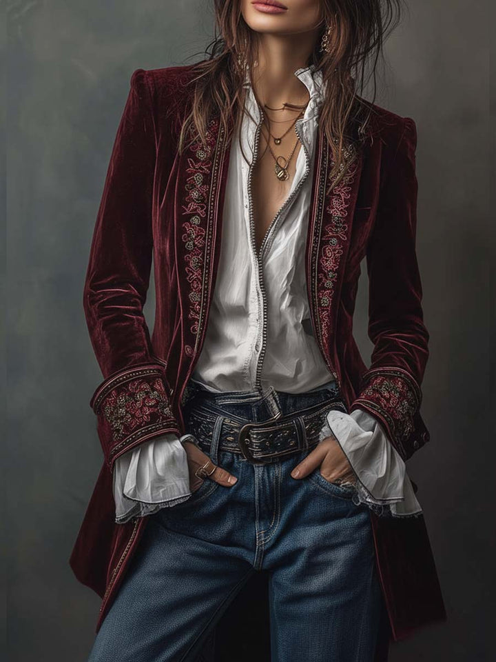 Giacca Lunga Vintage in Velluto di Poliestere Blu Navy Ricamata