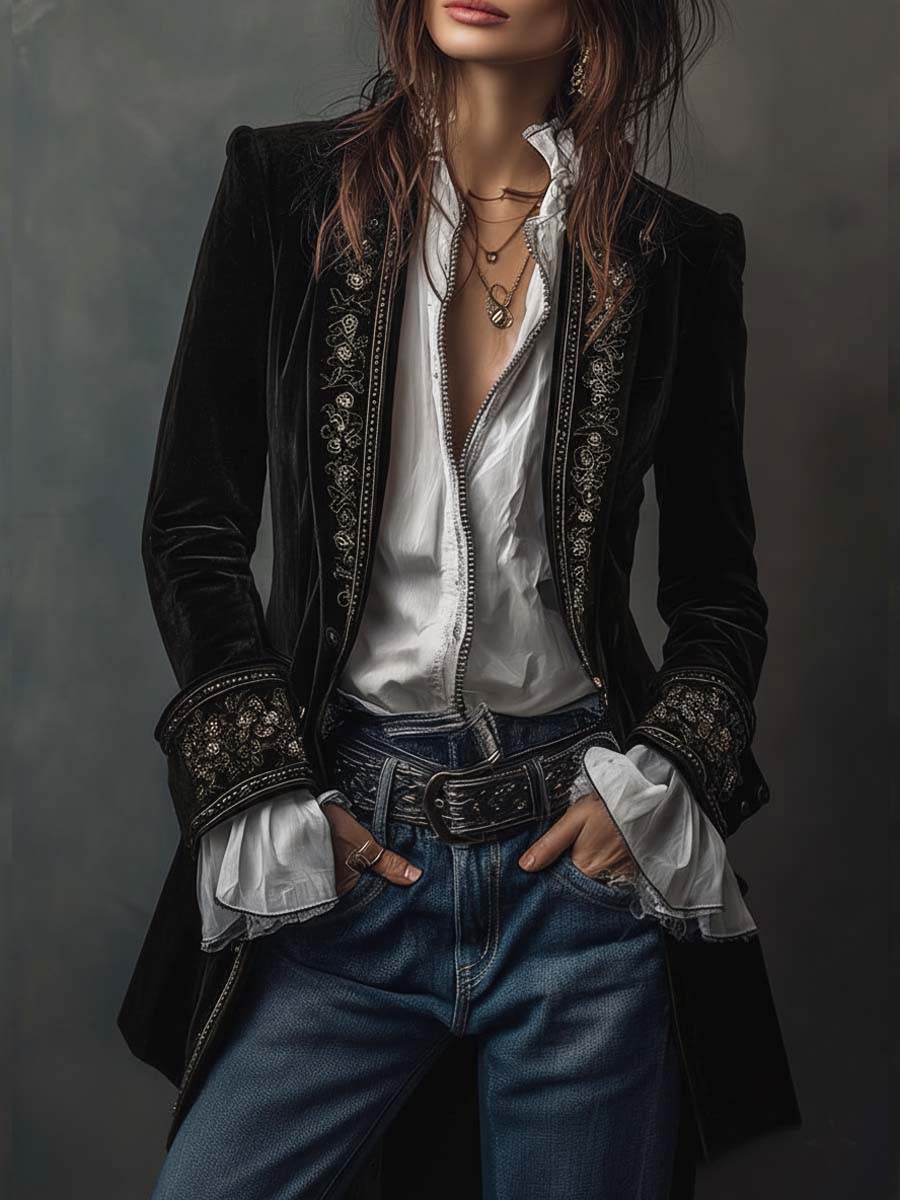 Giacca Lunga Vintage in Velluto di Poliestere Blu Navy Ricamata