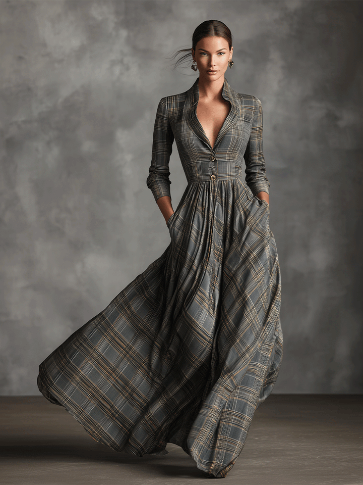 Abito Maxi Flare in Lino Mistoe Grigio con Motivo Tartan per Donna