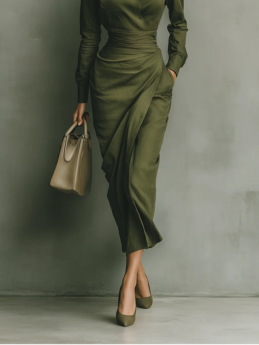 Abito Maxi in Cotone Verde Militare
