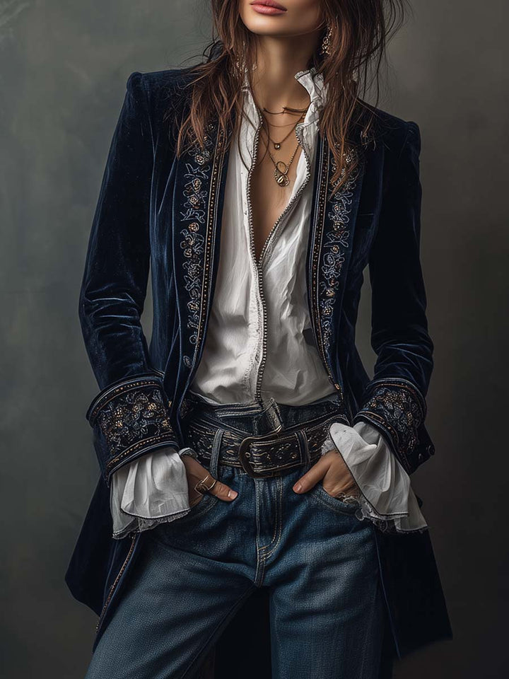 Giacca Lunga Vintage in Velluto di Poliestere Blu Navy Ricamata