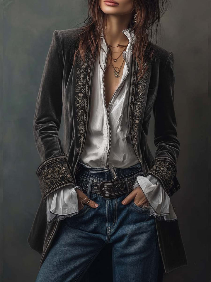 Giacca Lunga Vintage in Velluto di Poliestere Blu Navy Ricamata